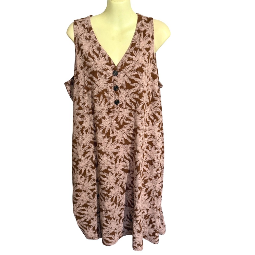 J. Jill Tank Dress L Petite Brown Palm Print Sleeveless Henley V-Neck‎ Pockets